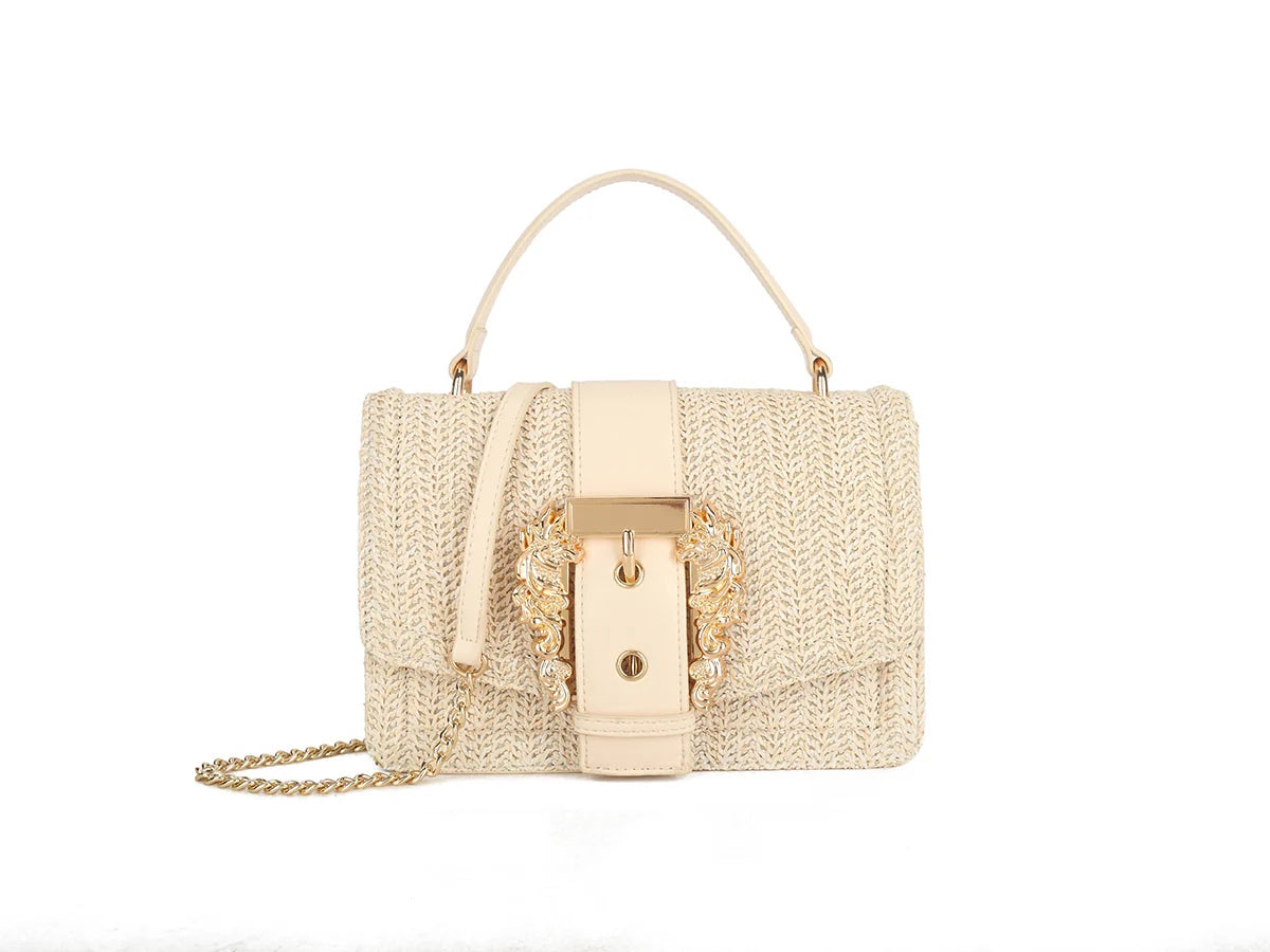 EVELYN Gold Buckle Detail Straw Bag