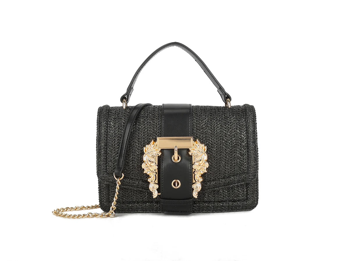 EVELYN Gold Buckle Detail Straw Bag