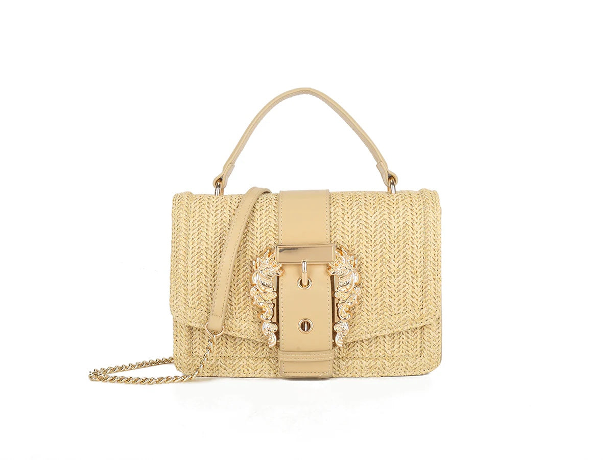 EVELYN Gold Buckle Detail Straw Bag