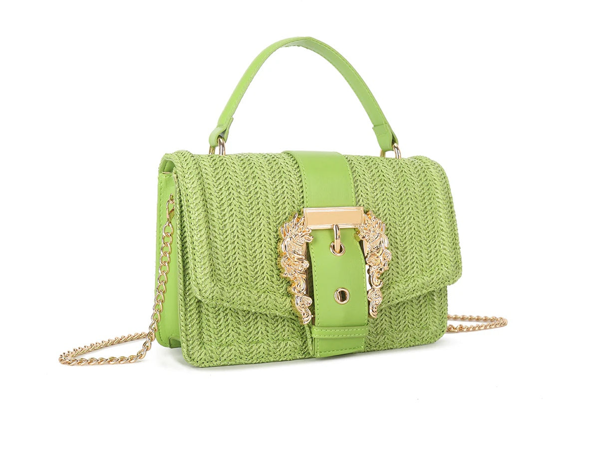 EVELYN Gold Buckle Detail Straw Bag