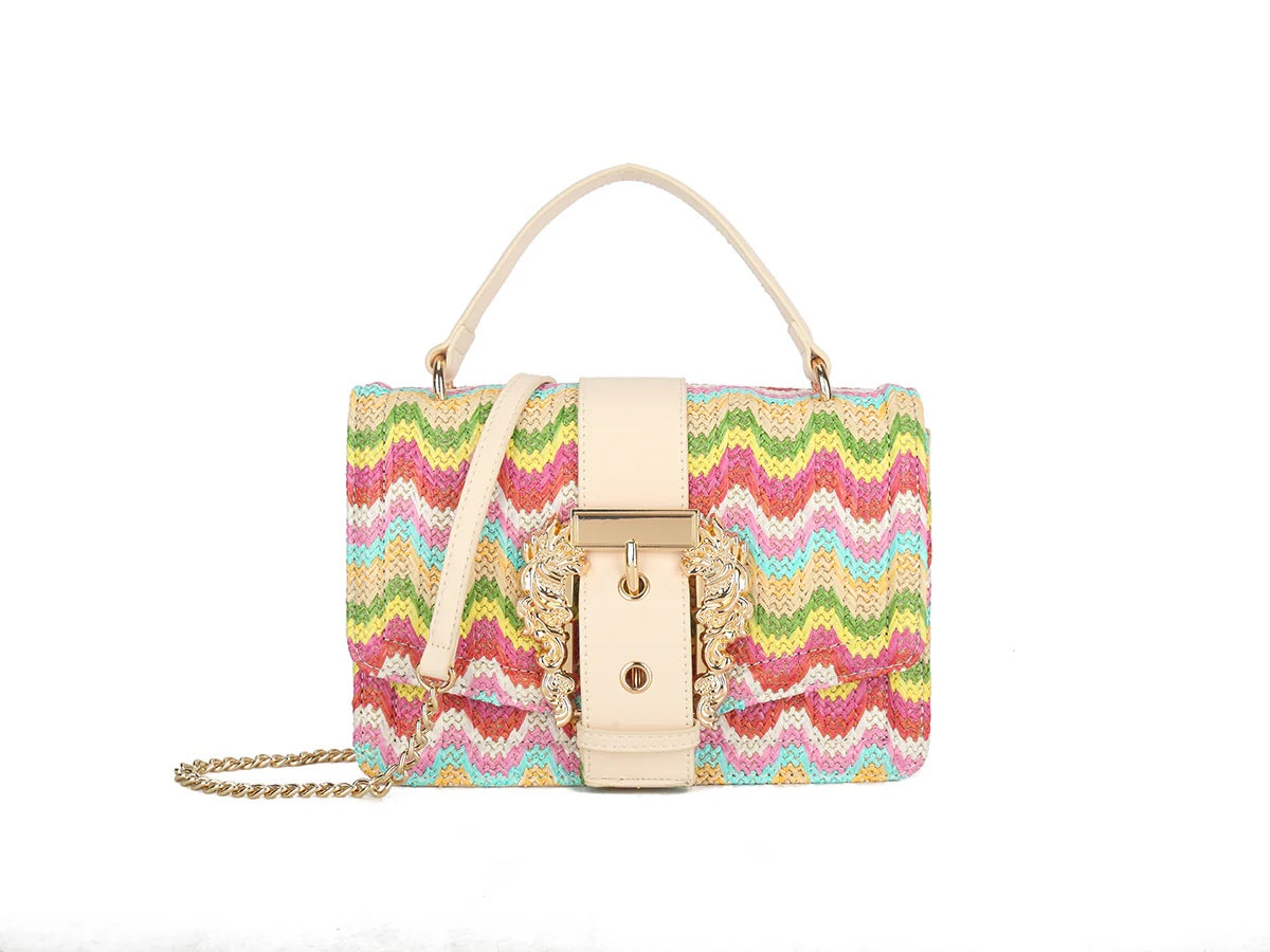 EVELYN Gold Buckle Detail Straw Bag