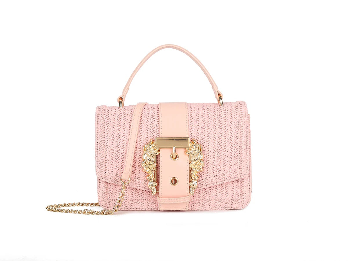 EVELYN Gold Buckle Detail Straw Bag